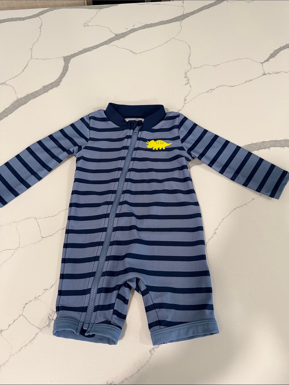 Blue Striped Kids One-Piece Swimsuit with Yellow Dino Accent